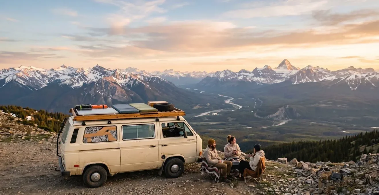 Wide panoramic view of a converted camper van parked on a mountain overlook at golden hour, surrounded by vast wilderness and distant peaks