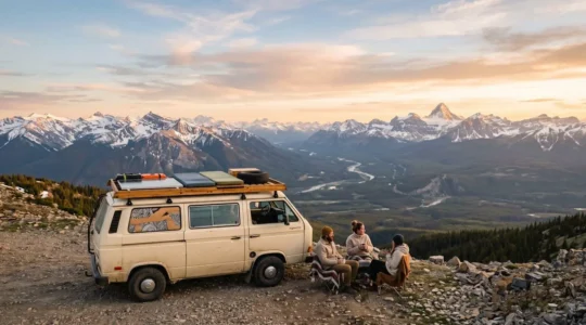Wide panoramic view of a converted camper van parked on a mountain overlook at golden hour, surrounded by vast wilderness and distant peaks