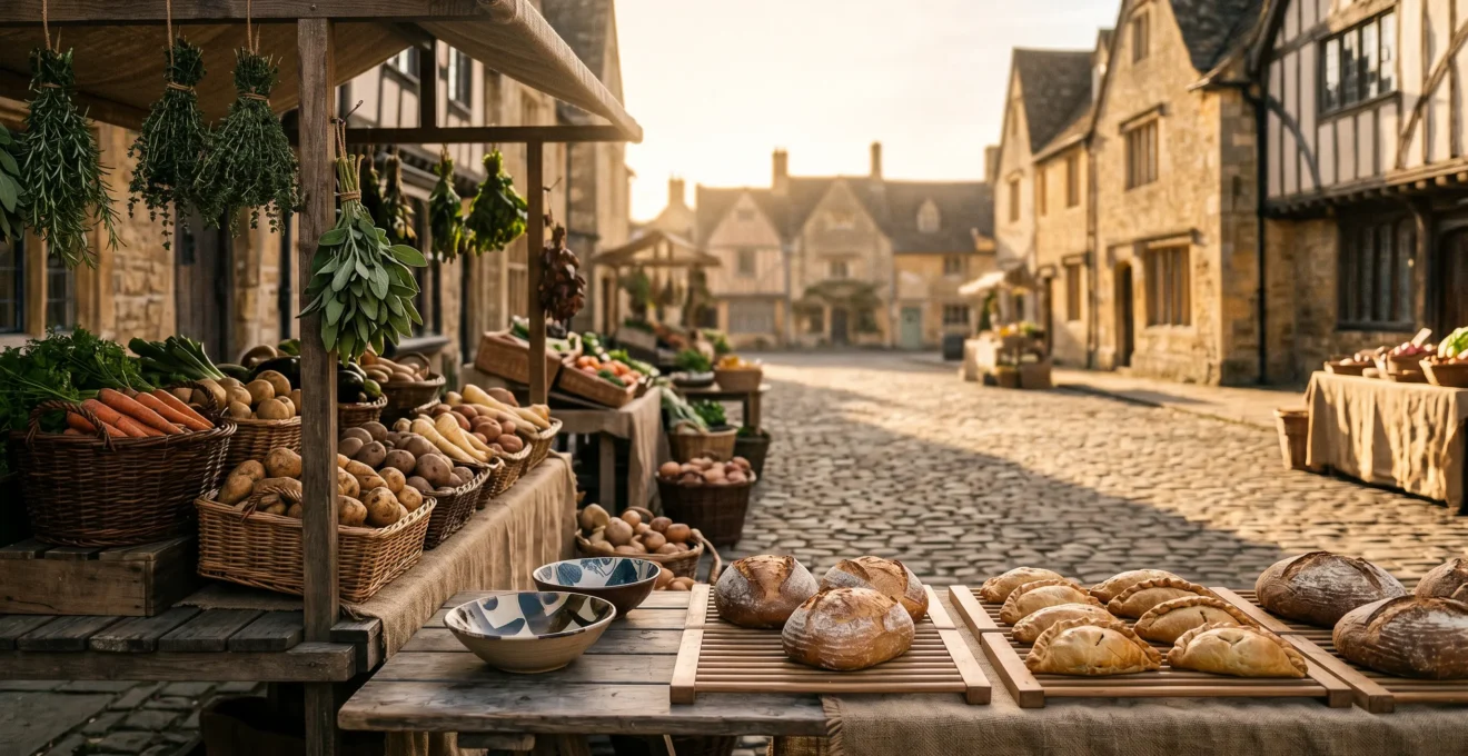 Authentic local market town scene with fresh produce and traditional food vendors