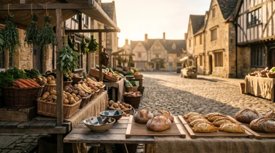 Authentic local market town scene with fresh produce and traditional food vendors