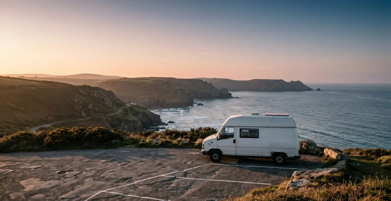 A campervan parked in a scenic UK coastal layby with distant hills and open sky, representing safe designated camping