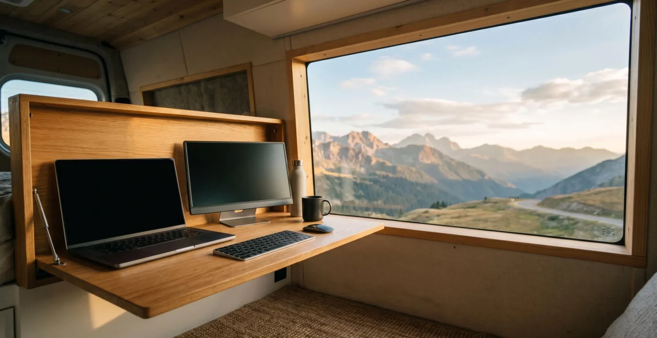 Modern remote work setup with laptop and portable monitor in a converted van workspace with natural mountain landscape visible through windows