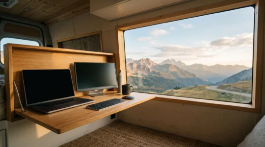 Modern remote work setup with laptop and portable monitor in a converted van workspace with natural mountain landscape visible through windows
