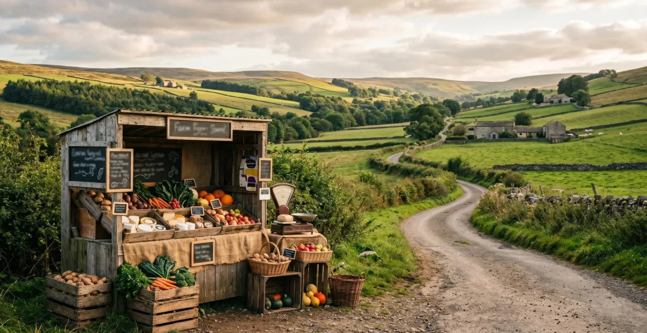 Rustic countryside road map with fresh farm produce and rural landscape backdrop