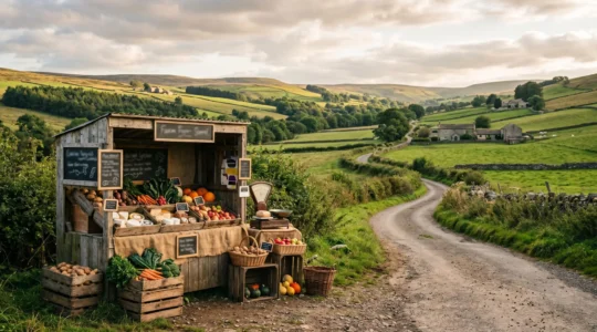 Rustic countryside road map with fresh farm produce and rural landscape backdrop