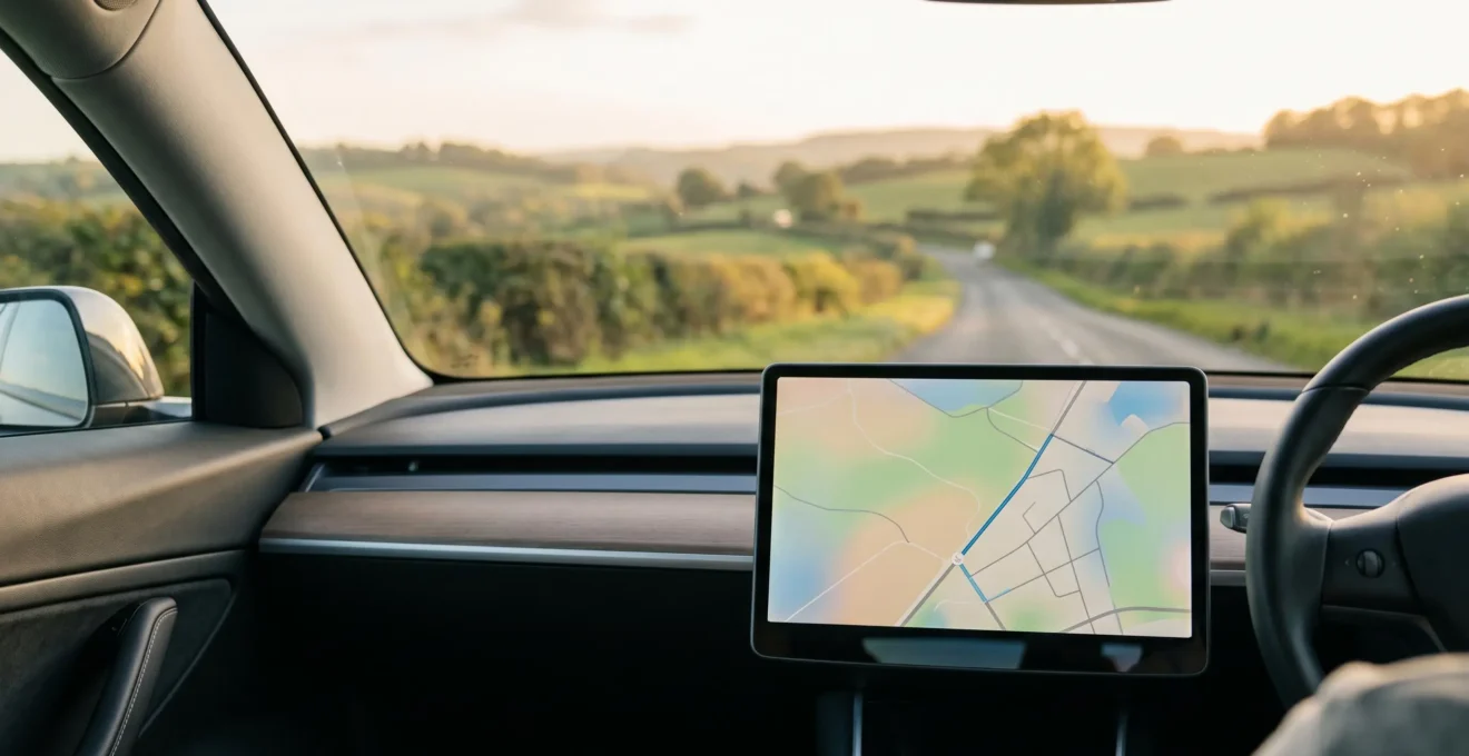 Modern car dashboard with integrated sat-nav display showing route planning interface during scenic countryside drive