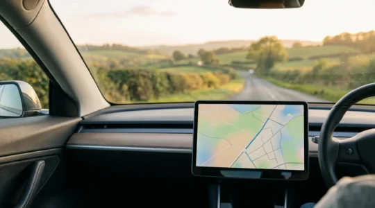 Modern car dashboard with integrated sat-nav display showing route planning interface during scenic countryside drive