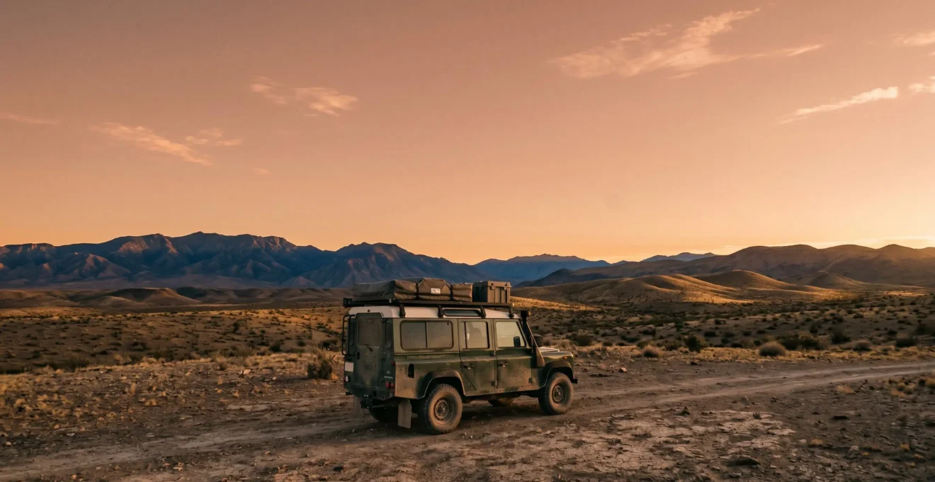 Rugged expedition vehicle navigating challenging terrain on remote overland route