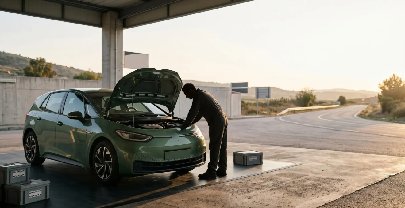 Mechanic performing detailed pre-trip vehicle inspection under the hood during golden hour