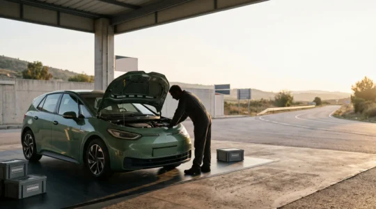 Mechanic performing detailed pre-trip vehicle inspection under the hood during golden hour