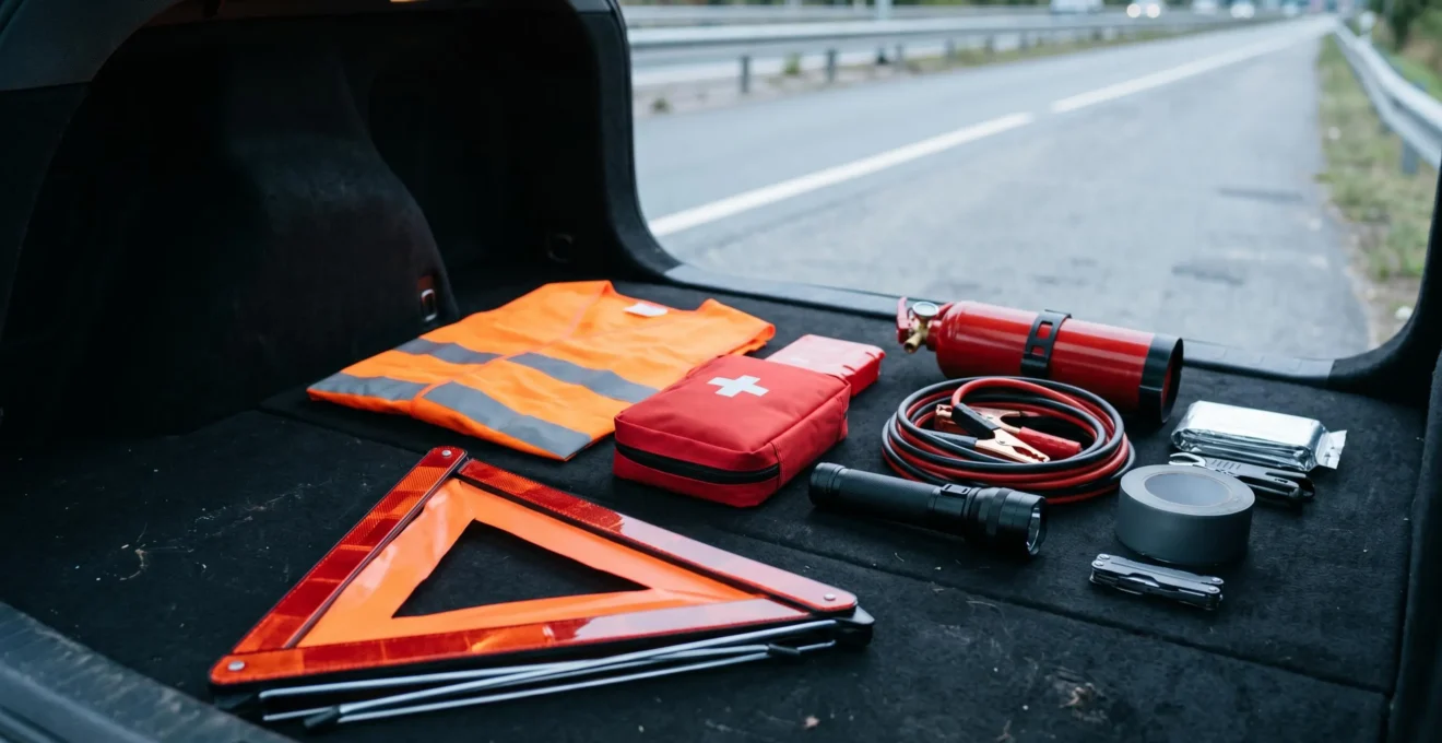 Professional roadside emergency safety kit display showcasing essential breakdown equipment