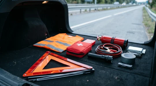 Professional roadside emergency safety kit display showcasing essential breakdown equipment