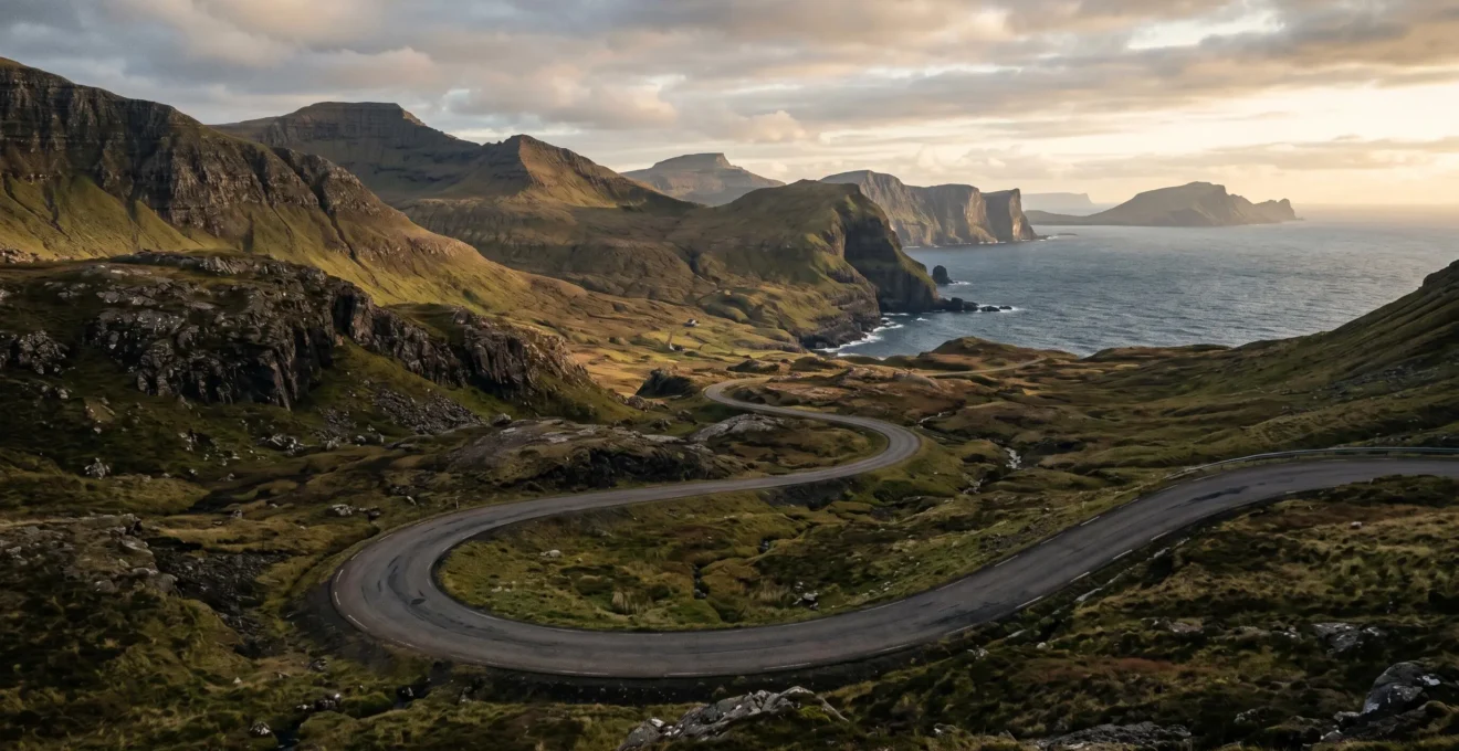 Winding coastal road curving through dramatic mountain landscape with ocean views at golden hour