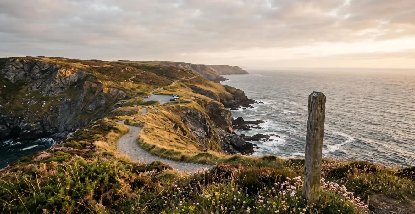 Winding coastal footpath along dramatic cliffs with accessible parking area and clear signage