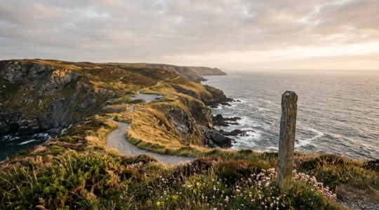 Winding coastal footpath along dramatic cliffs with accessible parking area and clear signage