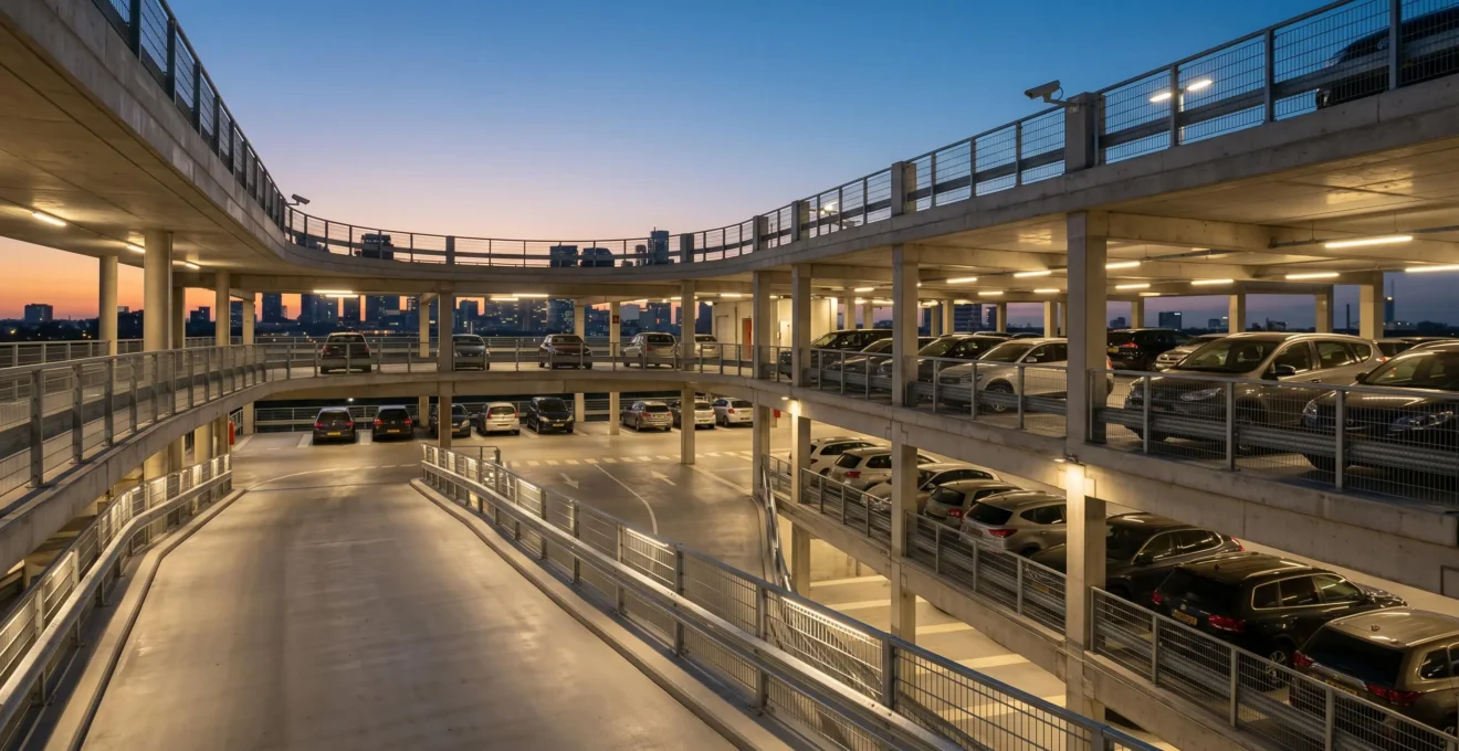 Well-lit parking facility with professional security features reducing vehicle theft risk