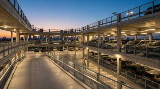 Well-lit parking facility with professional security features reducing vehicle theft risk
