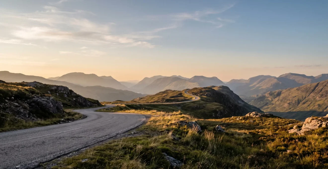 Dramatic panoramic view from a UK mountain ridge-line road at golden hour with sweeping valley vistas
